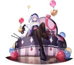 1girl ajax_(azur_lane) ajax_(valentine&#039;s_reward?)_(azur_lane) azur_lane balloon bare_shoulders between_toes black_footwear black_legwear candy chocolate chocolate_heart choker eyebrows_visible_through_hair feet food foot_focus heart heart-shaped_pupils high_heels highres holding holding_shoes jewelry kaede_(yumesaki_kaede) long_hair looking_at_viewer manjuu_(azur_lane) necklace no_shoes official_alternate_costume official_art open_mouth pantyhose purple_eyes purple_hair shoes single_shoe sitting symbol-shaped_pupils transparent_background turret two_side_up valentine 