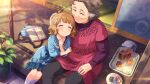  2girls blue_dress brown_hair closed_eyes closed_mouth commentary_request dress game_cg grandmother_and_granddaughter hair_ornament happy idolmaster idolmaster_million_live! idolmaster_million_live!_theater_days multiple_girls official_art old old_woman outdoors short_hair sitting smile suou_momoko tea third-party_source 