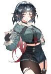  1girl animal_ears black_gloves black_hair black_necktie black_shorts blue_eyes blush cowboy_shot dodosaae fingerless_gloves fur-trimmed_jacket fur_trim garter_straps gloves grey_jacket high-waist_shorts highres jacket jane_doe_(zenless_zone_zero) long_hair looking_at_viewer mouse_ears mouse_girl multicolored_hair necktie pantyhose parted_lips red_hair red_nails red_necktie shorts simple_background single_garter_strap single_leg_pantyhose single_thighhigh smile solo thighhighs torn_clothes torn_pantyhose two-tone_necktie white_background zenless_zone_zero 