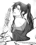  1boy bare_shoulders bichen_sword bishounen borrowed_weapon catharsys_art chinese_clothes commentary english_commentary english_text from_side greyscale hanfu highres holding holding_sword holding_weapon implied_yaoi jian_(weapon) licking licking_weapon long_hair looking_at_viewer looking_back male_focus modao_zushi monochrome off_shoulder official_art open_clothes open_mouth open_robe parted_lips ponytail robe saliva saliva_trail sexually_suggestive sheath sheathed sidelocks simple_background single_bare_shoulder smile solo sword tongue tongue_out upper_body weapon wei_wuxian white_background 