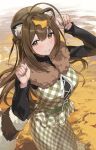  1girl absurdres ahoge animal_ears belt_buckle blunt_bangs blush breasts brown_eyes brown_hair buckle commentary_request cross-laced_clothes cross-laced_dress dress fur_trim green_nails highres idolmaster idolmaster_shiny_colors kuwayama_chiyuki leaf leaf_on_head long_hair long_sleeves looking_at_viewer medium_breasts nail_polish plaid_clothes plaid_dress raccoon_ears raccoon_girl raccoon_tail skirt smile solo standing tail uouokuma 