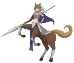  1girl absurdres animal_ears arm_armor armor black_gloves breastplate brown_eyes brown_hair centaur commentary_request elbow_gloves full_body gauntlets gloves groin hair_between_eyes helmet highres holding holding_polearm holding_weapon hooves horse_ears horse_tail knight lance looking_at_viewer midriff monster_girl multiple_legs navel original parted_lips pelvic_curtain polearm rearing scalap scar scar_across_eye scar_on_face shin_guards sidelocks simple_background solo standing tail taur undershirt weapon white_background 