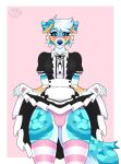 absurd_res anthro big_breasts blue_body blue_eyes blue_fur blue_nose blush blushing_at_viewer bodily_fluids breasts camel_toe canid canine canis clothing domestic_dog female fur genital_fluids hair hi_res holding_clothing holding_object legwear maid_apron maid_uniform mammal multicolored_body multicolored_clothing multicolored_fur multicolored_legwear multicolored_thigh_highs panties pawpads pink_background pink_clothing pink_legwear pink_panties pink_pawpads pink_paws pink_thigh_highs pink_underwear simple_background sky_blue_fur solo summer_shore(kory_the_fox) tan_body tan_fur thick_thighs thigh_highs underwear uniform vaginal_fluids vampybooxo wet wet_clothing wet_underwear white_body white_clothing white_fur white_hair white_legwear white_thigh_highs