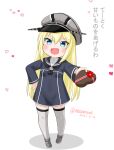  1girl :d bangs bismarck_(kancolle) black_neckwear blonde_hair blue_dress blue_eyes blue_sailor_collar blush box breasts commentary dated dress eyebrows_visible_through_hair fang full_body gift grey_legwear hair_between_eyes hand_on_hip hat heart-shaped_box holding holding_gift kantai_collection long_hair long_sleeves looking_at_viewer masara_(chuujou) military_hat neckerchief open_mouth peaked_cap rudder_footwear sailor_collar sailor_dress shadow sidelocks simple_background small_breasts smile solo standing thighhighs translation_request twitter_username uniform white_background younger zettai_ryouiki 