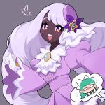  2girls apron ascot black_romper blunt_bangs blush commentary_request dark-skinned_female dark_skin dress fascinator frilled_ascot frills glove_bow gloves green_hair hair_ornament heart highres jacinthe_(pokemon) juliet_sleeves korean_commentary lebanne_(pokemon) long_hair long_sleeves looking_at_viewer low_drills maid_apron maid_headdress mega_stone multiple_girls open_mouth pokemon pokemon_legends:_z-a puffy_sleeves purple_dress purple_eyes purple_hair romper smile teeth upper_teeth_only very_dark_skin white_gloves wooni 