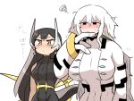  2girls arceus belt black_bodysuit black_eyes black_hair blush bodysuit breasts commentary earrings fewer_digits fluid_on_breasts gold_belt horns implied_yuri jewelry kasugai_(de-tteiu) large_breasts long_hair makhia_(kasugai_(de-tteiu)) maria_(kasugai_(de-tteiu)) messy_hair multicolored_eyes multicolored_hair multiple_girls nose_blush personification pokemon pokemon_dppt regigigas squinting straight_hair sweat tail translated two-tone_hair very_long_hair white_bodysuit white_hair 