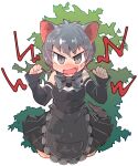  1girl animal_ears apron bare_shoulders black_apron black_bow black_bowtie black_dress black_sleeves blush bow bowtie breasts brown_eyes commentary_request cropped_legs detached_sleeves dress fang frilled_apron frills grey_hair hands_up ini_(inunabe00) kemono_friends long_sleeves looking_at_viewer medium_breasts open_mouth pleated_dress short_hair sleeveless sleeveless_dress solo tail tasmanian_devil_(kemono_friends) waist_apron 