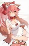  1girl animal_ear_fluff animal_ears apron bell bell_collar breasts cat_hair_ornament cat_paws cleavage collar eyebrows_visible_through_hair fate/grand_order fate_(series) fox_ears fox_girl fox_tail gloves hair_ornament hair_ribbon highres jingle_bell large_breasts looking_at_viewer muryotaro naked_apron open_mouth paw_gloves paw_shoes paws pink_hair red_ribbon ribbon shoes sitting solo tail tamamo_(fate)_(all) tamamo_cat_(fate) valentine white_apron white_legwear yellow_eyes 