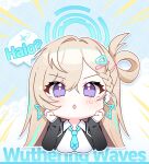  1girl alternate_costume apple_caramel black_jacket blonde_hair blue_necktie breasts commentary english_commentary english_text halo halo_behind_head jacket large_breasts long_hair lynae_(wuthering_waves) multicolored_hair necktie open_mouth purple_eyes shirt solo streaked_hair white_shirt wuthering_waves 