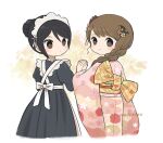  2girls apron artist_name ayu_(mog) black_dress black_hair blush braid bright_pupils brown_eyes brown_hair bun_with_braided_base character_request closed_mouth commentary_request copyright_request cropped_legs double-parted_bangs dress floral_print floral_print_kimono flower from_behind hair_bun hair_flower hair_ornament holding_hands japanese_clothes juliet_sleeves kimono long_hair long_sleeves looking_at_viewer looking_back maid maid_headdress multiple_girls obi pink_kimono print_kimono puffy_sleeves sash single_braid single_hair_bun white_apron white_pupils wide_sleeves yellow_sash 