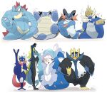  blastoise empoleon feraligatr gen_1_pokemon gen_2_pokemon gen_3_pokemon gen_4_pokemon gen_5_pokemon gen_6_pokemon gen_7_pokemon gen_8_pokemon greninja highres hyaku_(g-kawayusu) inteleon leg_lift leg_up pokemon pokemon_(creature) primarina samurott simple_background split standing standing_on_one_leg standing_split starter_pokemon swampert trembling 