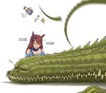  1boy 2girls absolute_batman absolute_dc animal_ears bag batman_(series) blue_dress blue_scarf blue_shirt blush bow braid breasts brown_hair closed_eyes commentary crocodilian dc_comics dress ear_bow ear_covers english_commentary hair_between_eyes headband heart highres horse_ears horse_girl johnholl0w killer_croc long_hair lullaby multicolored_hair multiple_girls open_mouth red_headband scarf sharp_teeth shirt shoulder_bag smile streaked_hair super_creek_(murmuring_stream)_(umamusume) super_creek_(umamusume) tail tamamo_cross_(umamusume) teeth umamusume very_long_hair white_hair 