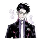  1boy black_hair collared_shirt corbeau_(pokemon) cropped_torso frown glasses highres jacket lapels long_sleeves looking_to_the_side male_focus necktie open_clothes open_jacket parted_hair parted_lips pkmnrkgk pokemon pokemon_legends:_z-a purple_shirt round_eyewear shirt short_hair sideways_glance slap_mark slap_mark_on_face solo sweat tassel translation_request white_background white_necktie wing_collar yellow_eyes 
