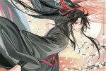 1boy ahoge bishounen black_hair black_hanfu branch brown_eyes chinese_clothes closed_mouth copyright_notice floating_clothes floating_hair flower gearous hair_ribbon hanfu highres inset_border long_hair long_sleeves looking_at_viewer male_focus modao_zushi official_art ponytail red_ribbon red_sash ribbon robe sash sidelocks smile solo third-party_source very_long_hair wei_wuxian white_flower wide_sleeves 