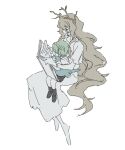  1boy 1girl age_difference aged_down anaxa_(honkai:_star_rail) barefoot black_shoes black_shorts book brown_hair calypso_(honkai:_star_rail) closed_eyes closed_mouth covered_eyes dress dromas_(honkai:_star_rail) from_side full_body green_hair hair_between_eyes highres holding holding_book holding_stuffed_toy honkai:_star_rail honkai_(series) horns invisible_chair long_dress long_hair long_hair_between_eyes open_book partially_colored profile reading shirt shoes short_hair short_sleeves shorts simple_background sitting sitting_on_lap sitting_on_person smile strdiary999 stuffed_toy tree_horns very_long_hair wavy_hair white_background white_dress white_shirt 