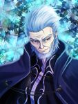  1boy beard black_coat coat commentary_request facial_hair fate/stay_night fate_(series) grey_beard grey_hair highres junkichi1222_(ryuya) kischur_zelretch_schweinorg looking_at_viewer male_focus old old_man profile red_eyes smile smirk solo tsukihime type-moon 