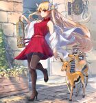  1girl absurdres bare_shoulders black_footwear blonde_hair cage dress ereshkigal_(fate) fate/grand_order fate_(series) full_body high_heels highres huge_filesize long_hair looking_at_viewer red_dress springbok thighhighs trapiorra 