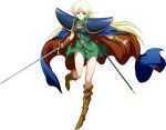  1girl armor bare_legs belt blonde_hair breastplate brown_belt brown_footwear closed_mouth deedlit dress elf eyelashes floating_hair full_body green_dress green_eyes highres holding holding_sword holding_weapon long_hair looking_at_viewer official_art pointy_ears record_of_lodoss_war sheath shiny shiny_skin short_dress shoulder_armor smile solo standing straight_hair sword transparent_background unsheathed very_long_hair weapon 