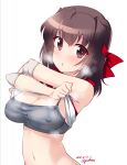  1girl artist_name blush breasts brown_eyes brown_hair cleavage covered_nipples dated eyebrows_visible_through_hair girls_und_panzer grey_sports_bra hair_ornament hair_ribbon highres kondou_taeko kuzuryuu_kennosuke large_breasts looking_at_viewer navel open_mouth ribbon shiny shiny_hair short_hair simple_background solo sports_bra sportswear sweat underwear undressing upper_body volleyball_uniform white_background 