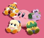  1boy 1girl :o aruco_co blonde_hair blue_eyes blush_stickers bun_(kirby) chibi chibi_only commentary commentary_request drop_shadow escargon fumu_(kirby) green_hair hair_over_eyes hat highres king_dedede kirby kirby:_right_back_at_ya! kirby_(series) long_hair open_mouth partial_commentary pink_background red_hat short_hair simple_background snail 