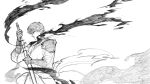  1boy absurdres clenched_hand commentary cowboy_shot english_commentary greyscale hatching_(texture) highres holding holding_sword holding_weapon logicsterrr male_focus monochrome robe serious shadow_slave sheath short_hair shoulder_pads smoke solo sunny_(shadow_slave) sword tunic unsheathing weapon 
