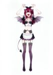  1girl adjusting_clothes adjusting_headwear arms_up bat_wings black_ribbon black_shoes black_skirt blush breasts closed_eyes cosplay demon_girl demon_horns demon_tail demon_wings fake_horns fake_pointy_ears fake_tail fake_teeth fangs fukuda_shinichi full_body garter_straps hair_ornament hair_ribbon high_heels highres horns kitagawa_marin lingerie long_hair looking_at_viewer maid medium_breasts neck_ribbon official_art pointy_ears puffy_short_sleeves puffy_sleeves red_hair red_ribbon ribbon rizu-kyun rizu-kyun_(cosplay) shoes short_sleeves simple_background skirt sono_bisque_doll_wa_koi_wo_suru standing tail thighhighs third-party_source unconventional_maid underwear white_background wings wrist_cuffs wrist_ribbon 