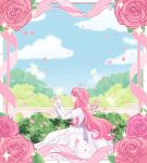  1girl absurdres artist_name back_bow blue_sky bow brown_eyes bush cloud commentary dress english_commentary expressionless feet_out_of_frame flower frilled_dress frilled_sleeves frills from_side gown grey_bow hair_ribbon highres infinity_nikki juliet_sleeves lipstick long_dress long_hair long_sidelocks long_sleeves makeup motion_lines nikki_(nikki) nikki_(series) object_floating_above_hand origami paper_crane parted_lips petals pink_flower pink_hair pink_rose pleated_dress pointy_nose puffy_sleeves red_lips ribbon rose sidelocks sky sleeve_ribbon solo standing sunnymaes very_long_hair watermark wavy_hair white_dress white_ribbon 