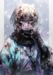  1girl adjusting_scarf aqua_haori arm_guards black_hakama black_scarf blonde_hair blood blood_in_hair blood_on_clothes blood_on_face blood_on_hands cold fate/grand_order fate_(series) hakama haori highres japanese_clothes katana kimono looking_at_viewer okita_souji_(fate) okita_souji_(teal_haori_and_hakama)_(fate) ponytail scarf sheath sheathed sidelocks snow solo sword weapon white_kimono woong.i yellow_eyes 