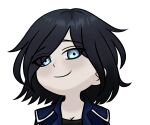  1girl absurdres black_hair black_shirt blue_coat blue_eyes bob_cut breasts catphine cleavage coat highres jet_(shadow_slave) looking_at_viewer portrait shadow_slave shirt short_hair shoulder_pads smirk solo 