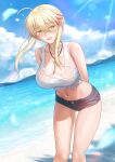  1girl absurdres ahoge artoria_pendragon_(fate) artoria_pendragon_(lancer)_(fate) bare_shoulders beach besmiled blonde_hair blue_shorts blush braid breasts cleavage commentary english_commentary fate/grand_order fate_(series) green_eyes hair_between_eyes highres jewelry large_breasts long_hair looking_at_viewer navel necklace open_mouth shirt shore short_shorts shorts sidelocks smile solo tank_top thighs tied_shirt variant_set wet wet_clothes white_tank_top 