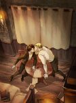  2boys black_jacket black_pants black_shoes black_suit blonde_hair book brown_hair candle chair closed_eyes collared_shirt commentary_request dress_shoes erwin_smith fire hand_on_another's_head highres indoors jacket kasagana_i kiss levi_(shingeki_no_kyojin) long_sleeves male_focus multiple_boys open_collar pants paper sconce shingeki_no_kyojin shirt shirt_tucked_in shoes sitting stone_wall suit suit_jacket table white_shirt wing_collar wooden_floor yaoi 