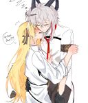  2girls black_gloves blonde_hair blush closed_eyes closed_mouth collared_shirt commentary dress english_text flying_sweatdrops gloves grey_hair hand_blush hand_on_another's_waist hashtag-only_commentary highres horns multiple_girls necktie norris0705 open_mouth phoebe_(wuthering_waves) red_necktie red_streaks shirt simple_background speech_bubble white_background white_dress white_shirt wuthering_waves yuri zani_(wuthering_waves) 