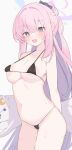  1girl absurdres bikini black_bikini blue_archive breasts commentary_request halo highres large_breasts long_hair micro_bikini mika_(blue_archive) navel nui_(nuinui0300) pink_hair solo swimsuit variant_set white_wings wings 