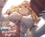  1girl bangs blonde_hair blush box breasts candy chocolate chocolate_heart food granblue_fantasy hat heart heart-shaped_box highres ivris large_breasts long_hair monika_weisswind peaked_cap princess_connect! shingeki_no_bahamut solo twintails 