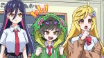  3girls ahoge animal_hood anime_coloring anno_syura artist_request black_hair black_skirt blonde_hair blue_hair bow bowtie brown_cardigan cardigan chalkboard classroom closed_mouth commentary_request dragon_musume_ni_naritakunai! duel_masters eighth_note green_hoodie hair_between_eyes hair_ornament hood hood_up hoodie hoshi_feruki indoors long_hair multicolored_hair multiple_girls musical_note musical_staff necktie notice_lines official_art open_cardigan open_clothes open_mouth orange_eyes plaid_clothes plaid_skirt pleated_skirt purple_hair quarter_note red_bow red_bowtie red_hair red_necktie rudo_thana sharp_teeth shirt short_hair skirt teeth white_shirt 