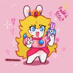 1:1 2023 4_fingers anthro arms_bent artist_name black_eyebrows blonde_hair blue_eyes blush blush_lines brown_line_art cellphone clothed clothed_anthro clothed_female clothing colored_line_art crossover crown dialogue_in_description digital_drawing_(artwork) digital_media_(artwork) electronics english_description english_text eyebrow_through_hair eyebrows eyelashes eyelashes_through_hair featureless_crotch featureless_legs female female_anthro fingers fur gem gesture hair hand_gesture headgear hearts_around_body hi_res holding_cellphone holding_object holding_phone lagomorph lgbt_pride long_ears long_hair mammal mario_bros mario_plus_rabbids_kingdom_battle multicolored_body nintendo no_pupils noseless open_mouth open_smile pawpads phone pink_clothing pink_shirt pink_tongue pink_topwear pose pride_colors rabbid rabbid_peach raving_rabbids rayman_(series) ruby_(gem) sapphire_(gem) shirt simple_background smile solo sparkles standing tan_body tan_inner_ear tan_pawpads tan_skin text tongue topwear transgender_pride_colors translucent translucent_hair two_tone_body ubisoft v_sign vampkettleartz white_body white_fur