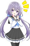  1girl :d black_pantyhose black_sailor_collar black_skirt blue_neckerchief blue_scrunchie blush commentary_request cowboy_shot dot_nose frilled_skirt frills hair_ornament hair_scrunchie hands_up highres kotatsu-mazoku long_hair long_sleeves looking_at_viewer low_twintailed_girl_(kotatsu-mazoku) low_twintails neckerchief notice_lines open_mouth original pantyhose pleated_skirt purple_eyes purple_hair sailor_collar school_uniform scrunchie serafuku shirt simple_background skirt smile solo twintails white_background white_shirt 