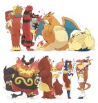  blaziken charizard cinderace delphox emboar gen_1_pokemon gen_2_pokemon gen_3_pokemon gen_4_pokemon gen_5_pokemon gen_6_pokemon gen_7_pokemon gen_8_pokemon highres hyaku_(g-kawayusu) incineroar infernape leg_lift leg_up pokemon pokemon_(creature) simple_background split standing standing_on_one_leg standing_split starter_pokemon trembling typhlosion 