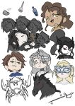  2boys 4girls absurdres bell black_hair blonde_hair bottle brown_hair cassie_(shadow_slave) chibi chibi_only clipboard commentary crown effie_(shadow_slave) english_commentary green_eyes grey_eyes high_ponytail highres holding holding_clipboard horse jet_(shadow_slave) kai_(shadow_slave) lance mask multiple_boys multiple_girls nephis_(shadow_slave) polearm ponytail red_eyes rock shadow_slave short_hair sketch sunny_(shadow_slave) tissssue wavy_hair weapon white_hair 