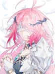  ahoge anchun_(quail0503) antenna_hair armor breasts bridal_gauntlets cleavage closed_mouth collarbone covered_eyes detached_collar falling_feathers feathers fingernails hair_ornament highres lips long_hair nail_polish original own_hands_clasped own_hands_together pink_hair pink_nails sample_watermark shoulder_armor upper_body veil watermark white_background white_feathers white_veil 