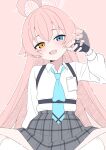  1girl absurdres ahoge black_gloves black_skirt blue_archive blue_eyes blue_necktie collared_shirt commentary_request fang fingerless_gloves gloves halo heterochromia highres hoshino_(blue_archive) kneehighs long_hair long_sleeves looking_at_viewer mistel_(sukebemistel) necktie open_mouth pink_hair pink_halo plaid_clothes plaid_skirt puffy_long_sleeves puffy_sleeves shirt sitting skin_fang skirt socks solo spread_legs white_shirt white_socks yellow_eyes 