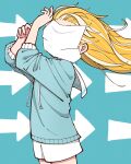  1girl aqua_background aqua_sweater arrow_(symbol) arrow_background blonde_hair commentary_request covered_face cowboy_shot drawstring floating_hair from_side halftone highres kishiton multicolored_hair original paper short_shorts shorts sleeves_pushed_up solo streaked_hair sweater two-tone_hair white_hair white_shorts wind 