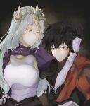  1boy 1girl absurdres arm_guards armor averting_eyes black_hair black_shirt breastplate cloak commentary crown english_commentary grey_eyes hand_on_another's_head hetero highres long_hair looking_at_another looking_to_the_side nephis_(shadow_slave) red_cloak shadow_slave shirt short_hair sunny_(shadow_slave) upper_body white_hair zalver 