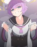  1girl blue_eyes character_request commentary_request cowboy_shot grey_background hair_ornament head_tilt highres jacket long_sleeves monster_strike purple_hair removing_jacket sailor_collar sasasasa_tosh short_hair simple_background smile solo steam steaming_body sweat 