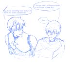  2boys bags_under_eyes commentary crossed_bangs ellieaedon english_commentary english_text highres kai_(shadow_slave) looking_at_another male_focus multiple_boys scarf shadow_slave shoulder_pads speech_bubble sunny_(shadow_slave) talking tunic upper_body 