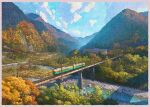  autumn border bridge cloud commentary_request day landscape mountain mugumo_24k no_humans original outdoors real_world_location revision river scenery toyama_prefecture train tree white_border 