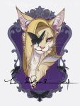  absurdres animal_ear_fluff black_butterfly blonde_hair bug butterfly closed_mouth furry furry_female highres long_hair looking_at_viewer one_eye_covered original picture_frame portrait purple_eyes signature silk solo spider spider_web white_background yellow_fur yu_101867 
