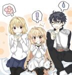  ! 1boy 2323astronomy 2girls ahoge arcueid_brunestud belt black_hair black_pants black_pantyhose blonde_hair blue_skirt blush breasts brown_belt commentary_request dress dual_persona eating eco-arc frilled_dress frills glasses hair_between_eyes highres jacket long_hair looking_at_another miniskirt multiple_girls official_alternate_costume pants pantyhose red_eyes shirt short_hair sitting skirt spoken_exclamation_mark spoken_flower spoken_sweatdrop surprised sweat sweatdrop time_paradox tohno_shiki tsukihime tsukihime_(remake) wavy_hair white_dress 