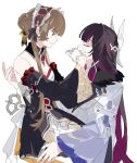 2girls artist_request bare_shoulders black_dress black_hair blush braid braided_bun breasts brown_hair cleavage closed_eyes closed_mouth columbina_(genshin_impact) commentary commission covering_another's_mouth detached_sleeves dress english_commentary genshin_impact gloves hair_bun hand_on_another's_thigh highres medium_breasts multiple_girls purple_streaks sandrone_(genshin_impact) second-party_source white_dress white_gloves winding_key yuri 