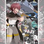  1boy aggron artist_name bastiodon beard belt black_belt blue_eyes bronzong byron_(pokemon) claws closed_mouth commentary company_name copyright_notice empoleon english_commentary facial_hair from_side gloves grey_pants hand_on_own_hip holding holding_shovel horns instagram_username magnezone male_focus merchandise_available nostrils official_style open_mouth outline pants pokemon pokemon_(creature) pokemon_dppt red_eyes red_hair short_hair shovel spiked_hair steelix tank_top teeth tom_higgins upper_teeth_only v-shaped_eyes watermark white_gloves white_outline white_tank_top 